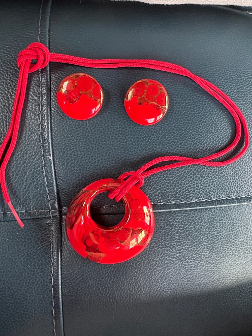 Bold Red Enamel Donut Pendant Necklace with Matching Studs